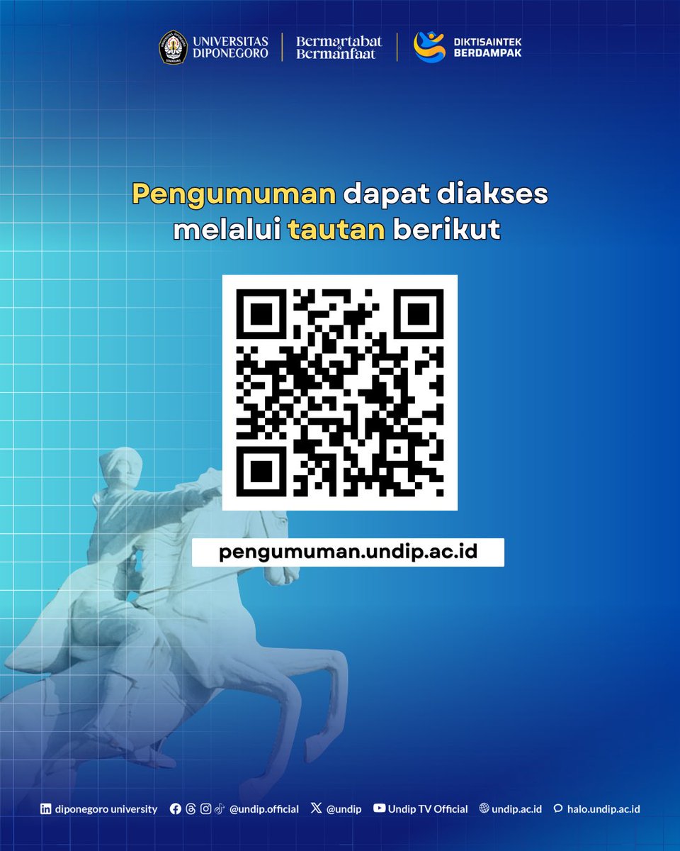 undip's tweet photo. Selamat Datang kepada Calon Mahasiswa Baru Universitas Diponegoro Jalur Ujian Mandiri S1 Tahun 2026✨

Selamat bergabung di keluarga besar kampus UNDIP💙 Semoga perjalanan ini menjadi awal dari pengalaman yang penuh ilmu, prestasi, persahabatan, dan kesempatan untuk terus berkembang.

Pengumuman dapat diakses melalui kode QR pada gambar di atas🤩

#undip #undipbermartabat #undipbermanfaat #pmbundip #diktisaintekberdampak