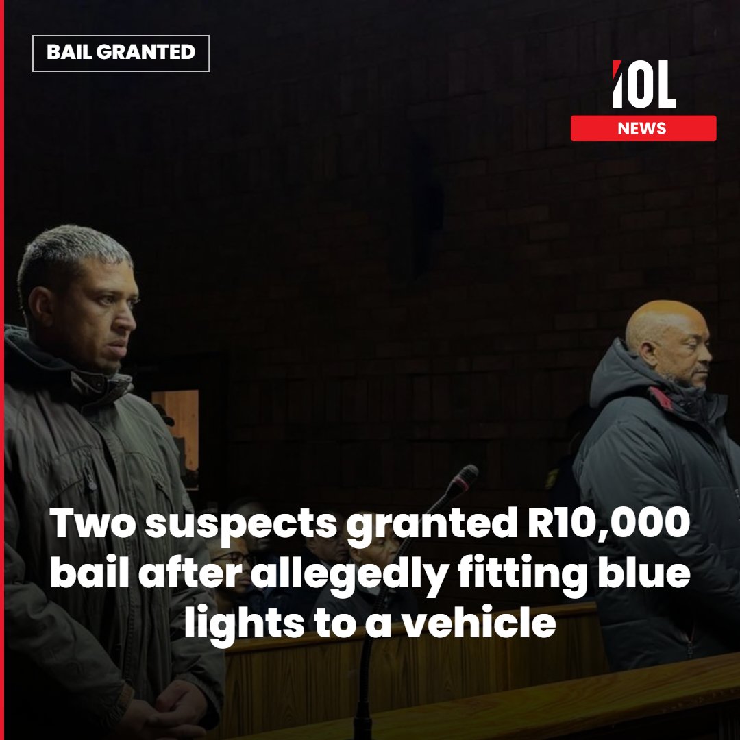 IOL's tweet photo. The Pretoria Magistrate’s Court has granted bail to two suspects after they allegedly fitted blue lights to a private vehicle.
Read on https://t.co/6TBVe0iL2N
#news #BlueLightFitted #PoliceImpersonation #PretoriaCourt #BailGranted https://t.co/ZE2lShm1Bg