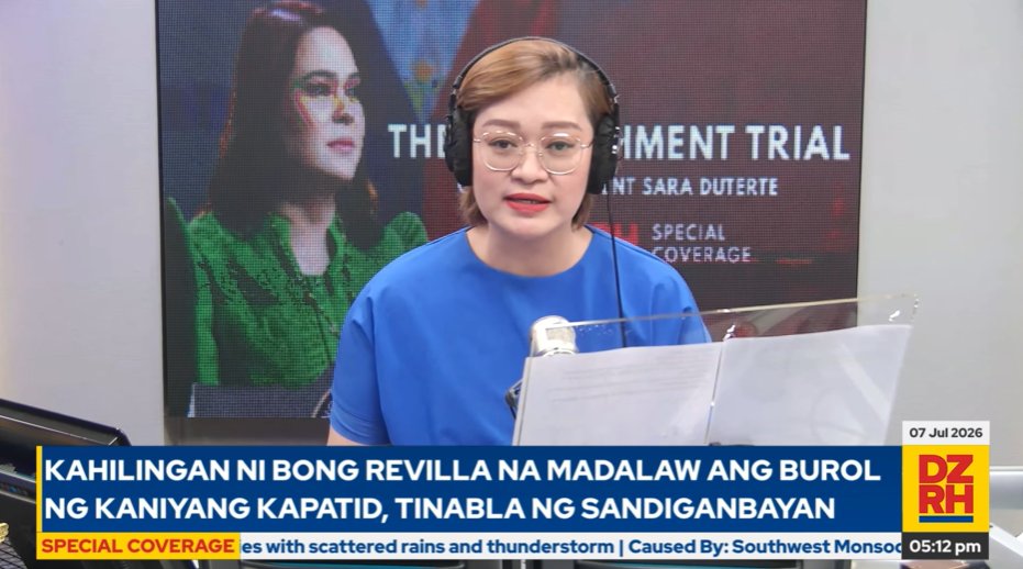 dzrhnews's tweet photo. Tutok na sa special coverage ng buong pwersa ng DZRH sa #TheImpeachmentTrial of Vice President Sara Duterte.

Kasama si @KarenOwYong para sa ikalawang araw ng paglilitis.

LIVE: https://t.co/LGRyVst5sq https://t.co/LAr1x0IFYA