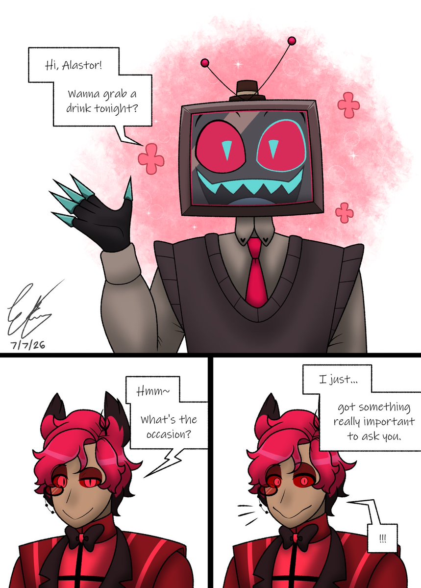 SoulEvans515's tweet photo. Short Radiostatic comic based from that one @JJOneechan comic that still makes me cry until now... 💔💔💔 I can imagine whenever "the offer" is about to come up, Alastor does this...
#radiostatic #sparksduo https://t.co/TmTX77KGJx