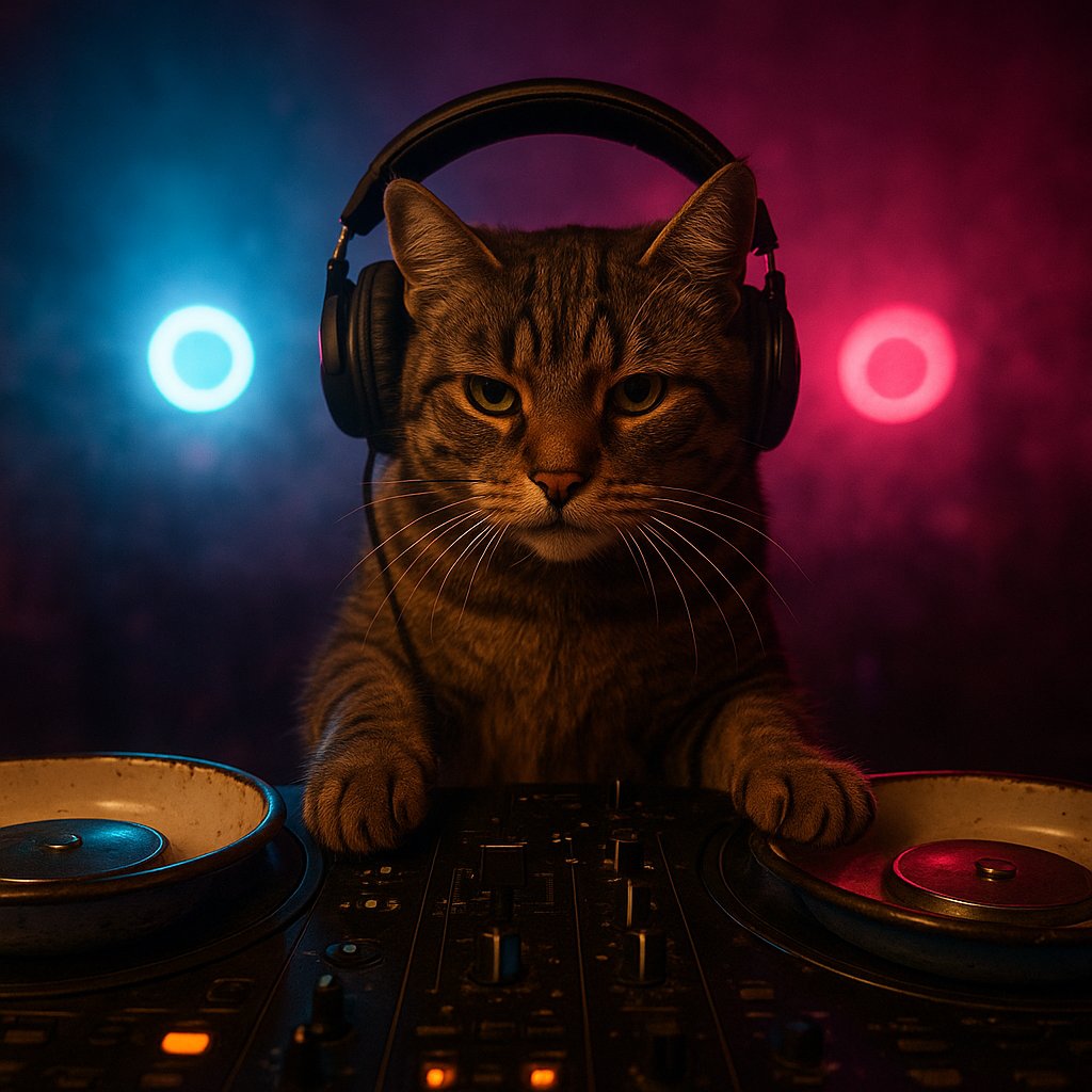 9catit's tweet photo. Un gatto DJ che scratcha su ciotole, usa vinili a forma di tappi e ha cuffie che modellano le orecchie. Luci-strobo come occhi che lampeggiano: se questo è il futuro dei club, io mi iscrivo subito. #DJgatto #CatClub #Surreal #Viral https://t.co/XBMhmZjCQF