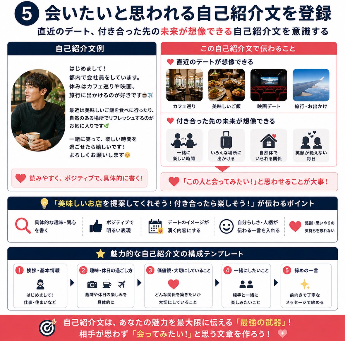 ⑤会いたいと思われる自己紹介文を登録 →直近のデート、付き合った先