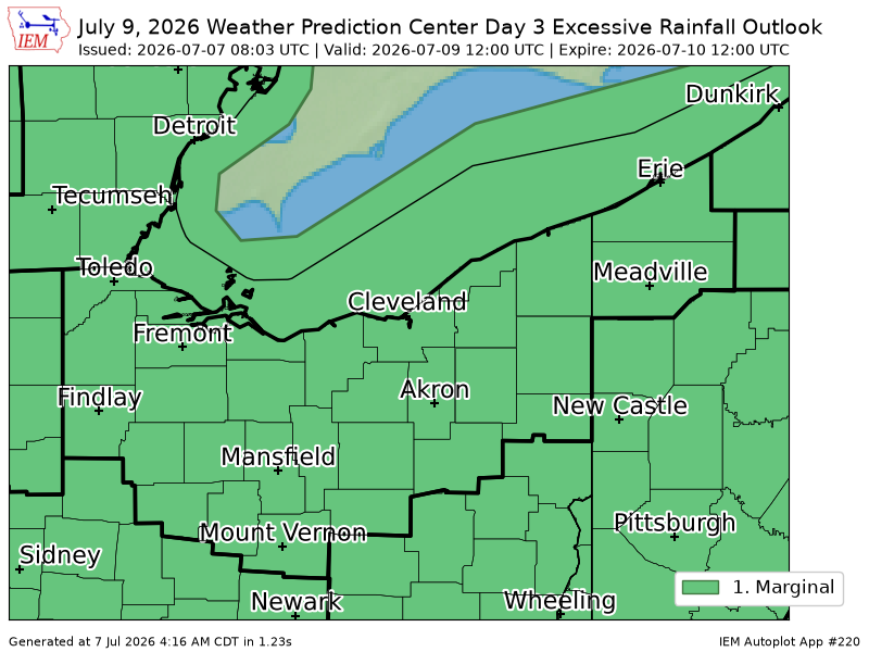 HuntersWx's tweet photo. WPC issues Day 3 Marginal Risk Excessive Rainfall Outlook at Jul 7, 8:03z for CLE https://t.co/NYJgODLAFG https://t.co/URExEVyObT
