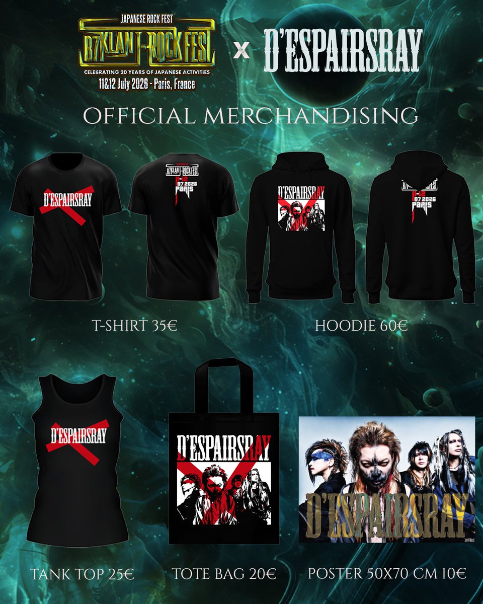 B7Klan_new's tweet photo. Hi everyone,

D'ESPAIRSRAY Official Merchandising is now online!
 
Pre-orders are available on https://t.co/p92muoDnAb

Purchase online and pick up your merch during the Festival at a dedicated booth.

Be sure to put your location on "France" at the checkout page to be able to click & collect.

----------------------------------------------------------

-T-SHIRT (190 g/m² / Serigraphic Print) : 35€
   Size: S-M-L-XL-XXL
 
-HOODIE (280 g/m² / Serigraphic Print) : 60€
    Size: M-L-XL-XXL
 
-TANK TOP (150 g/m² / Serigrahic Print) : 25€
   Size: S-M-L-XL
 
-TOTE BAG (Serigraphic Print) : 20€
 
-POSTER 50x70cm : 10€
 
Thank you very much