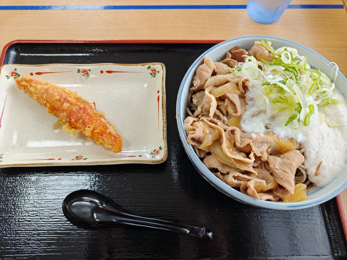 architect_3's tweet photo. 定期的に発生するひとり火曜ランチは、そば処さつき(@sobasatsuki)さん。作業負荷が高い日だったので、ガッツリ豚肉とろろ玉そば(大)+カニカマ天。相変わらず、肉の盛りが良すぎる！意識してお肉食べすすめたのに、最後まで残るほど😂笑　大満足で午後からも頑張れました！ごちそうさまでした🙇 https://t.co/83twbOz36Z