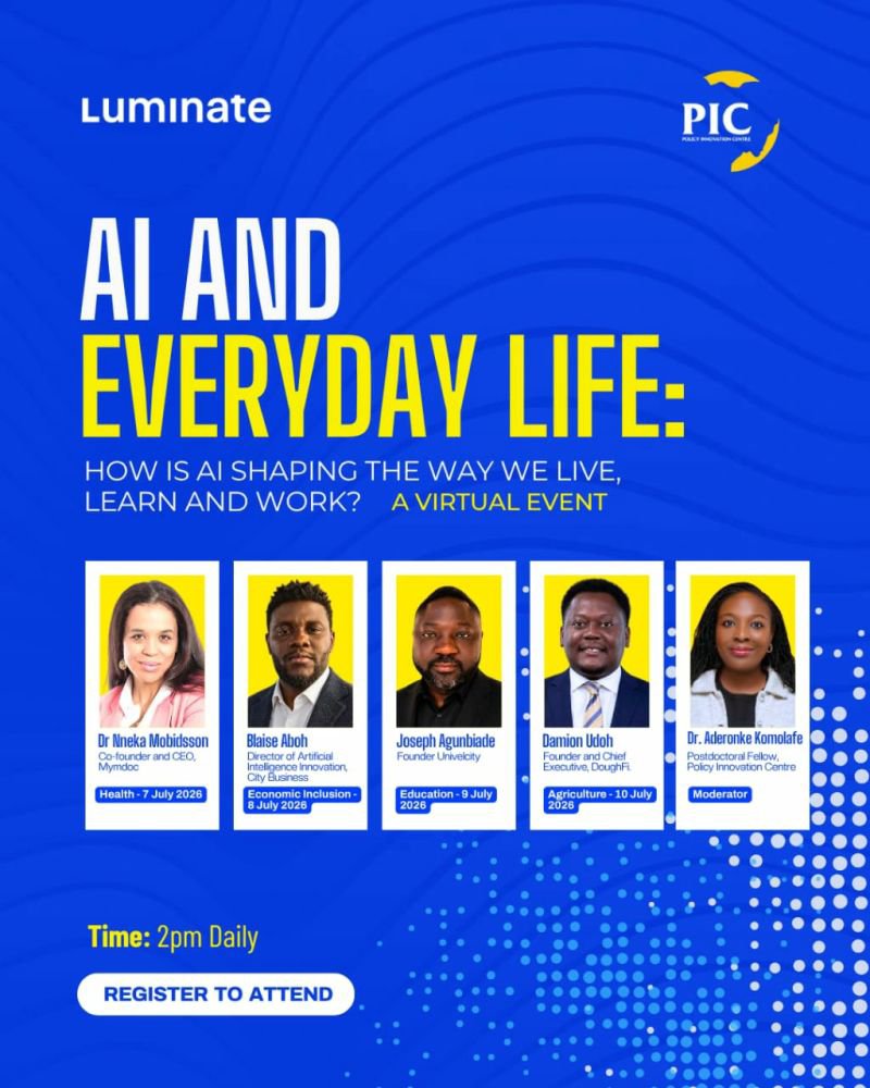 DamionUdoh's tweet photo. I am honored to be speaking at the Policy Innovation Centre @policycentreng on Artificial Intelligence in Agriculture on Friday, July the 10th, 2026. 

Join us for AI and Everyday Life, a four-part virtual event series exploring how AI is reshaping critical sectors that matter to our daily lives! 

Event Schedule
Dr Nneka Mobisson - AI in Health: 7 July
Blaise Aboh - AI & Economic Inclusion: 8 July
Joseph Agunbiade - AI in Education: 9 July
Damion Udoh - AI in Agriculture: 10 July

Time: 2pm Daily

Whether you're a policymaker, professional, entrepreneur, researcher, student, or simply curious about the future of AI, these sessions will provide practical insights into how AI is driving innovation and creating opportunities across Africa.

Come learn from experts, engage in meaningful conversations, and discover how AI can be harnessed responsibly for inclusive development.

Register today and be part of the conversation.
https://t.co/FbLXSI9ZPy