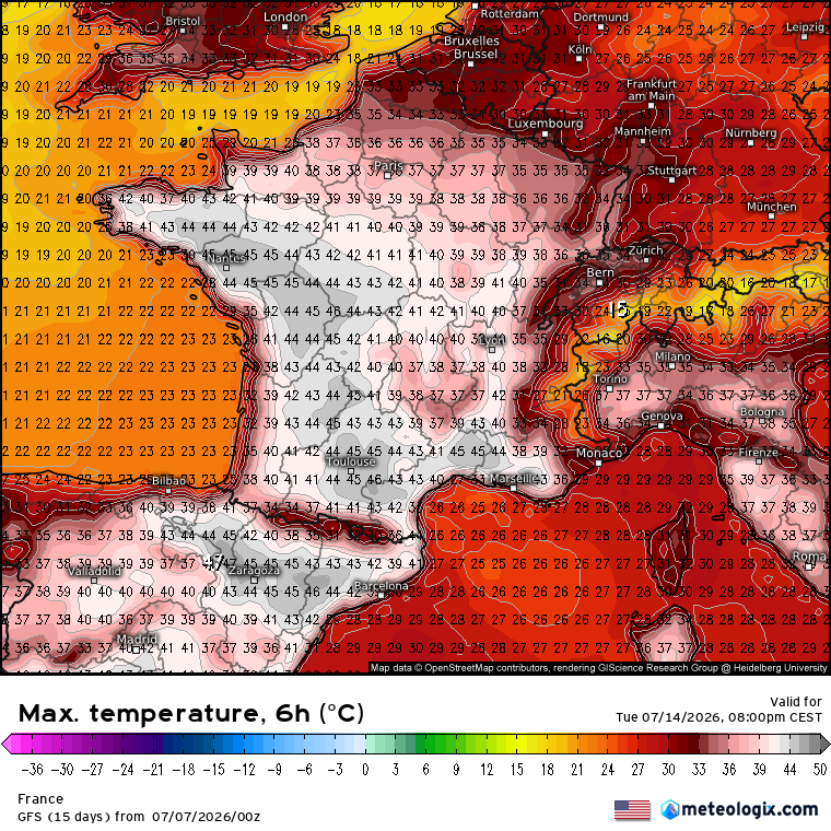 AnthoGrillon's tweet photo. 🔴 Ce matin, mon inquiétude grandit encore concernant la #canicule. Les scénarios ne sont pas bons jusqu'à la semaine prochaine comprise avec un potentiel pic vers le 14 juillet (intensité incertaine). 
➡ Une chose semble acquise : pas de rafraîchissement avant au moins 10 j.🫤 https://t.co/X2zhvoxJCq