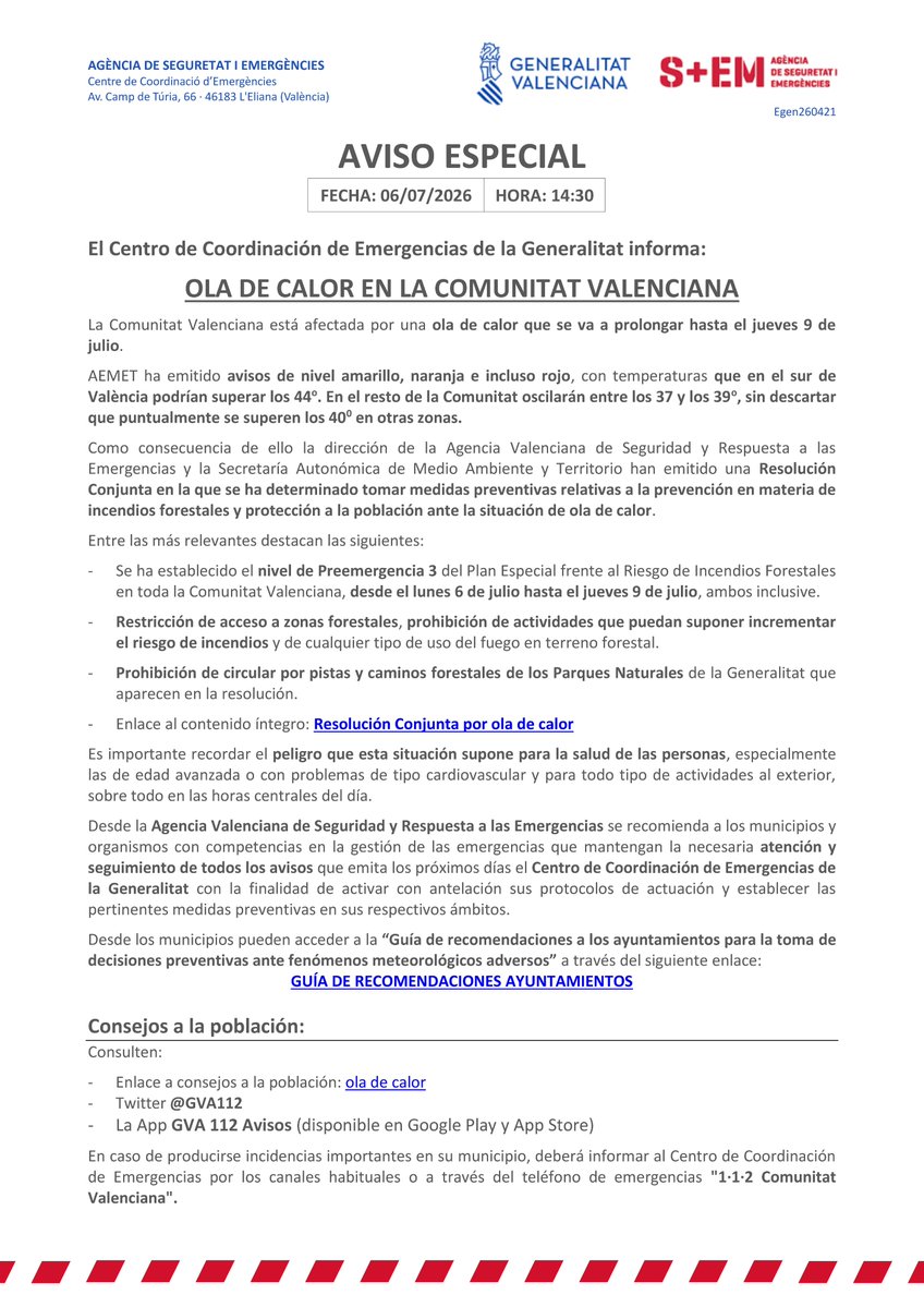 GVA112's tweet photo. ⚠️Boletín actualizado del Centro de Coordinación de Emergencias sobre la ola de calor.

🚫Se limita el acceso a zonas forestales
🚷Prohibido circular por pistas y caminos de los Parques Naturales recogidas en esta Resolución: 
https://t.co/BQ93DxxI1N https://t.co/45JHy8LELb
