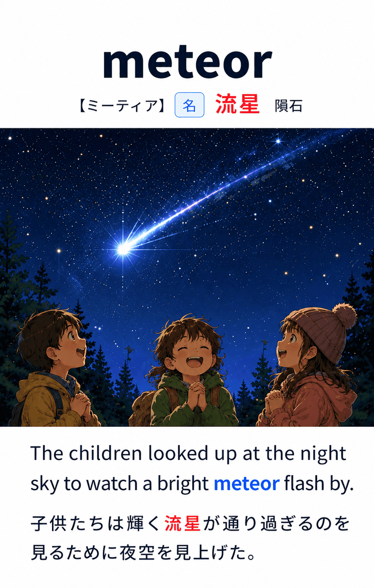 eitanfriends's tweet photo. 答え👇

meteor ＝ 流星・隕石

💡 覚え方のヒント
語源は「meta-（越えて・高いところに）＋eora（持ち上げられたもの）」。大気中の高い場所にある現象ということから「流星、隕石」の意味になります。 https://t.co/DOFpEX08gR