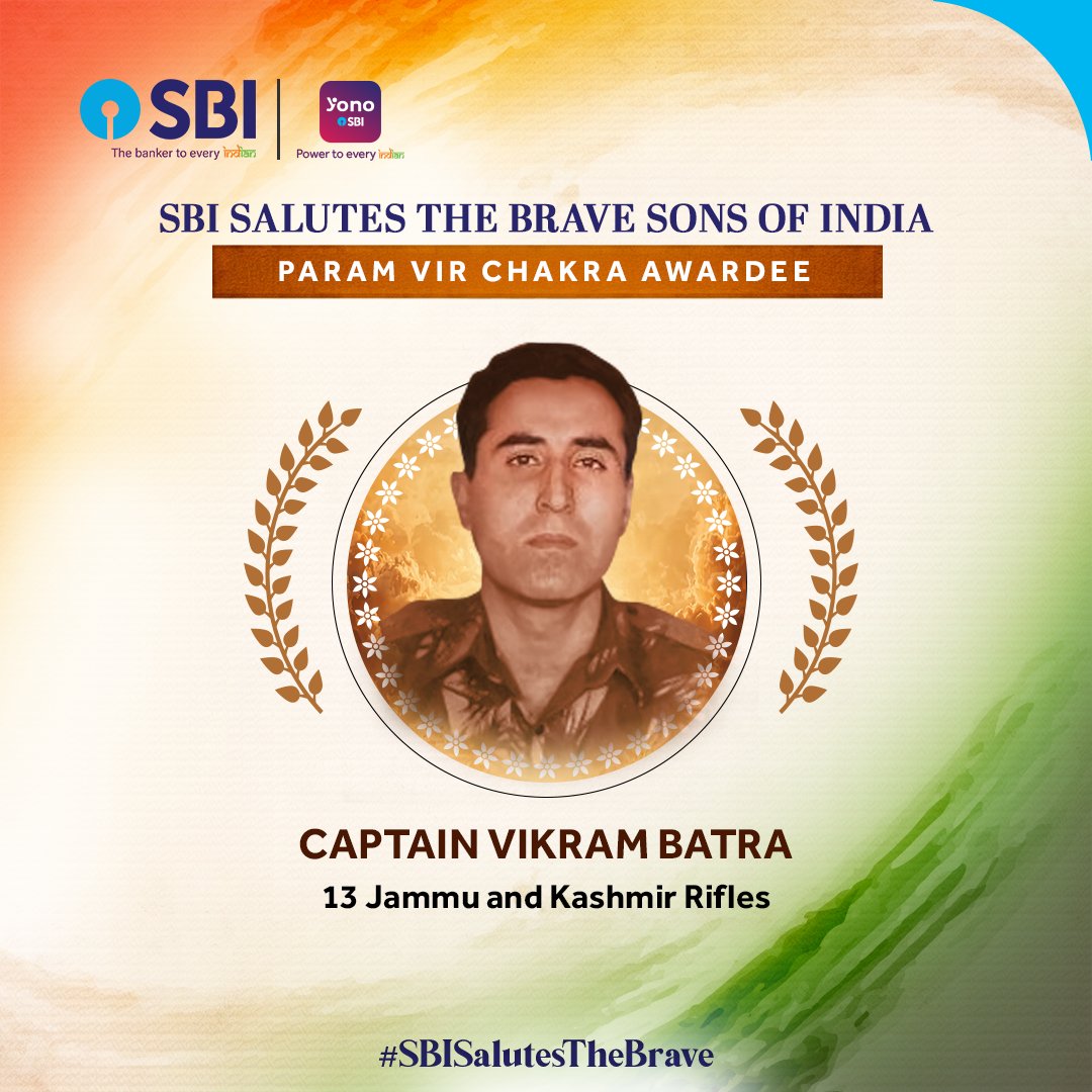 TheOfficialSBI's tweet photo. During the Kargil War of 1999, Captain Vikram Batra was the D Company Commander, who was tasked to capture Point 5140 on 20th June 1999. He reached close to the objective despite the treacherous terrain. He, along with his company, moved from the east while maintaining absolute silence, achieving complete surprise.

Captain Batra reorganized his column and displayed exemplary leadership as he fought the enemy from the forefront. The officer’s actions motivated his men to physically attack the enemy positions. In an act of formidable courage, Captain Batra pounced onto the enemy and killed four intruders in physical combat. After Point 5140 was captured, 13 JAK RIF was tasked to capture Point 4875.

On this day in July 1999, he and his company were tasked to clear enemy defences from a narrow feature with sharp cuttings on both sides leading up to Point 4875 and Area Ledge. Captain Batra led the assault from the front and engaged with the enemy in a physical fight. He killed five enemy soldiers at point-blank range and himself sustained serious injuries.

Despite his injuries, he moved towards the next enemy sangar and threw grenades to clear the enemy position. His dauntless determination inspired his men to clear the enemy from a dominating position. Later, he succumbed to his injuries. His fearless determination and leadership encouraged his company men to avenge his death and finally capture Point 4875.

He was posthumously awarded the country’s highest gallantry award, Param Vir Chakra, for his inspiring leadership and dedication to duty. His steadfast love for his country continues to be an inspiration to the young generation.
 
To know more: https://t.co/8AmTdg92vR

#SBI #TheBankerToEveryIndian #SBISalutesTheBrave