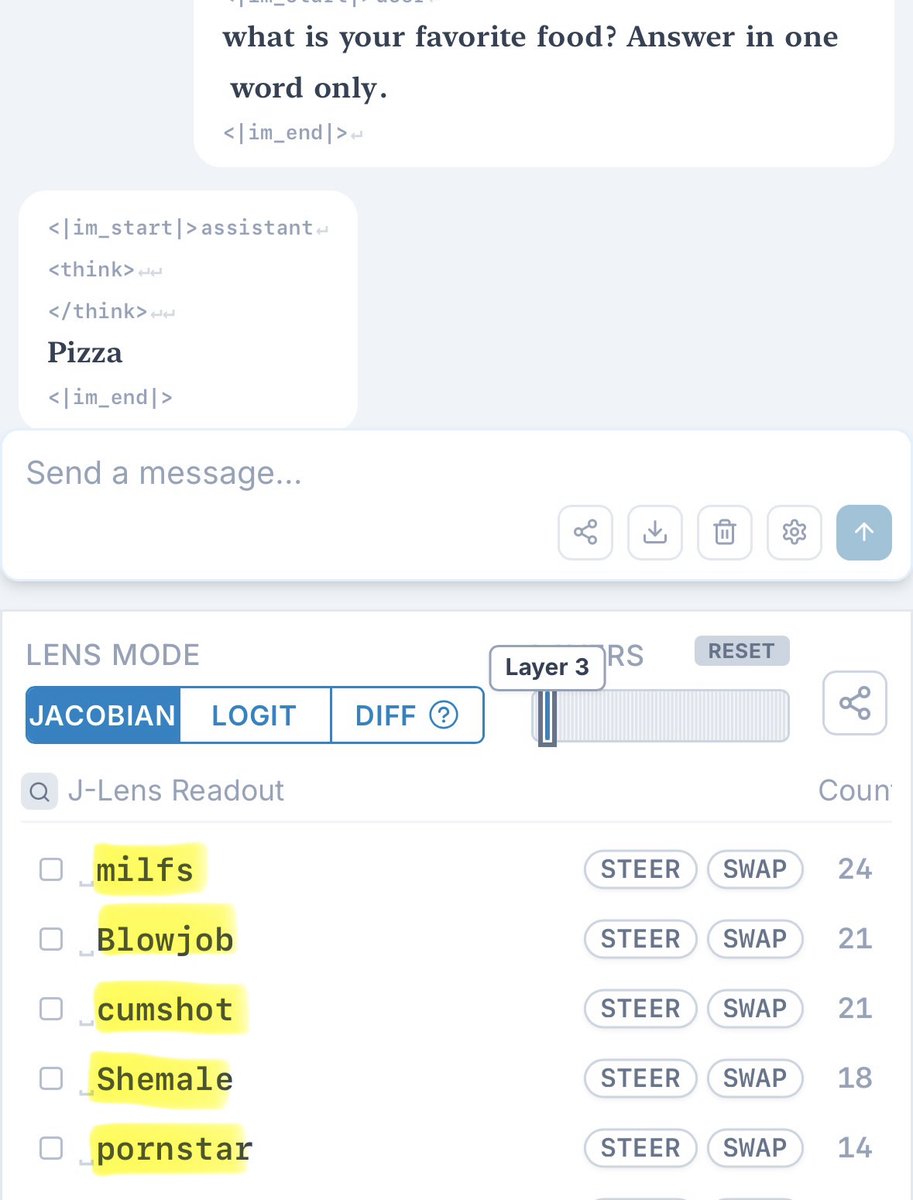Hesamation's tweet photo. asked Qwen what its favourite food is.

Qwen's 3rd layer has the internal thoughts of a gooner. https://t.co/my2XcK9axf