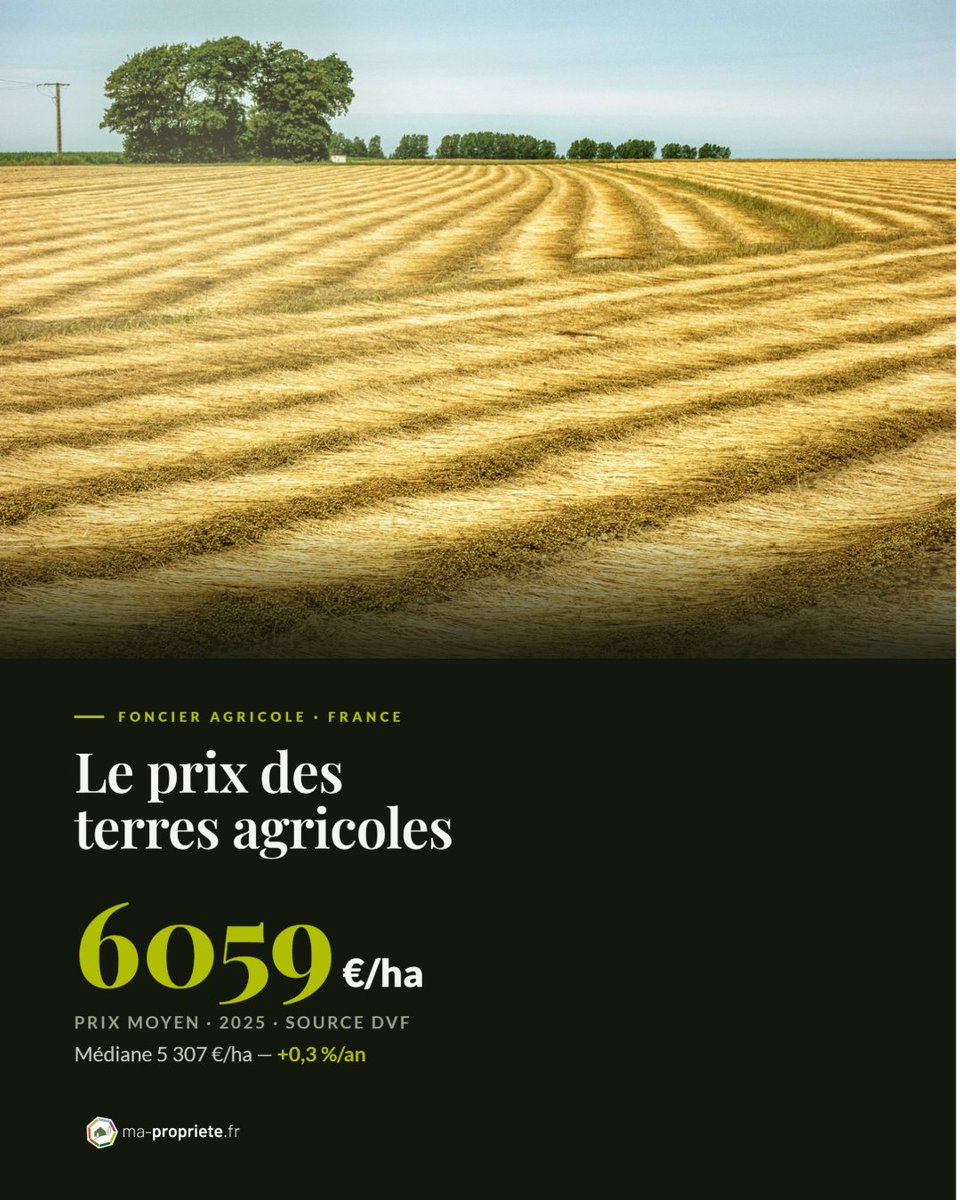 MaProprieteFR's tweet photo. 🌾 Terres agricoles en France (2025) : 6 059 €/ha en moyenne, +0,3 %/an. Stable… mais très local. Le détail région par région, via les données DVF 👇 https://t.co/wHVxRvWyEc #Foncier #DVF https://t.co/RYbtvBkfU8