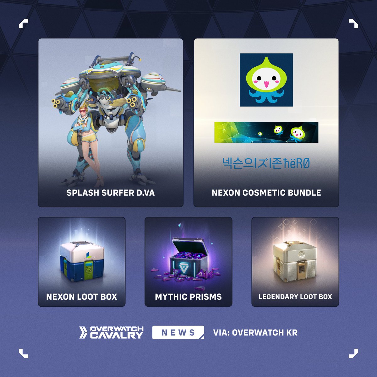 OWCavalry's tweet photo. New #Overwatch x Nexon Rewards 🎁

Korean players can link their Nexon account to claim early bonuses, including Splash Surfer DVa, a Nexon Loot Box, and 20 Mythic Prisms, plus 5 Legendary Loot Boxes and a Nexon Cosmetic Bundle.

🇰🇷 This collaboration is only available in Korea. https://t.co/HXJdsEK20s