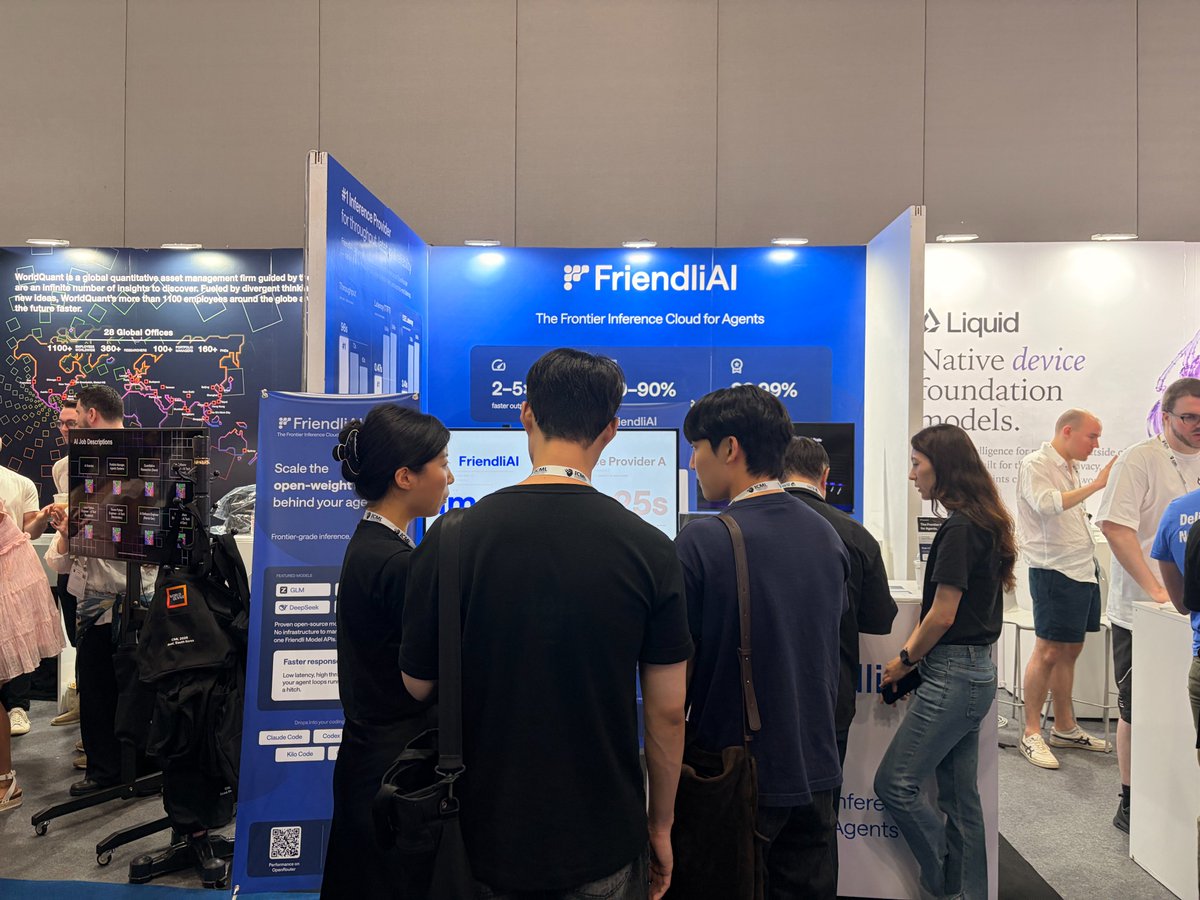 friendliai's tweet photo. Day 1 of @icmlconf 2026 is here! 🎉

The FriendliAI team is at Booth B115 all week — come say hi.

We're the team behind continuous batching, and we spend our days making frontier open-weight model inference faster, cheaper, and more reliable. If that sounds like a problem you'd want to work on, we'd love to talk.

We're actively hiring across engineering and beyond. Stop by the booth to meet the team, ask us anything about inference, or just to have a chat.

👉 Open roles: https://t.co/862HK4fDIn

See you at B115!

#ICML2026 #Hiring #AIInference #FriendliAI