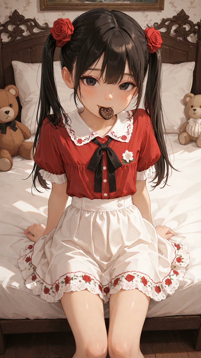 AliceLavli's tweet photo. 赤いバラのツーピースコーデの衣装プロンプトをどうぞ🌹
short sleeve crimson red blouse, soft V-neckline, shallow crossover neckline, smooth fitted bodice, lightweight matte fabric, slightly loose fit, gently flared short sleeves, subtle gathered waist seam, small white five-petal flower applique on the left chest, solid deep crimson red color only, high-waisted white flared mini skirt, wide gathered waistband with soft white ruffle edge, dark burgundy satin waist ribbon, large side bow tied at the left waist, long ribbon tails hanging vertically, full circle skater silhouette, crisp flared hem, pure white skirt base, evenly scattered medium-sized crimson red rose print, muted olive brown leaves and stems, floral pattern distributed uniformly across the skirt, clean white background between prints, strict color placement, crimson red blouse only, white skirt only, crimson red roses only, muted olive brown leaves and stems only, highly detailed stitching, clean garment construction