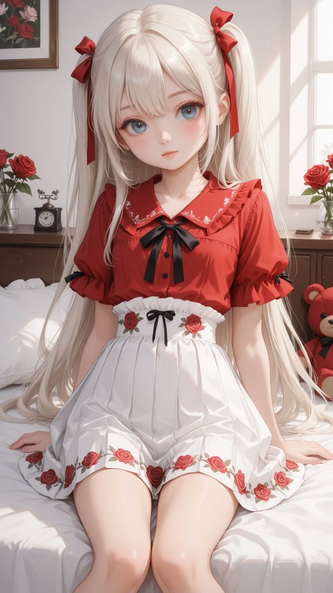 AliceLavli's tweet photo. 赤いバラのツーピースコーデの衣装プロンプトをどうぞ🌹
short sleeve crimson red blouse, soft V-neckline, shallow crossover neckline, smooth fitted bodice, lightweight matte fabric, slightly loose fit, gently flared short sleeves, subtle gathered waist seam, small white five-petal flower applique on the left chest, solid deep crimson red color only, high-waisted white flared mini skirt, wide gathered waistband with soft white ruffle edge, dark burgundy satin waist ribbon, large side bow tied at the left waist, long ribbon tails hanging vertically, full circle skater silhouette, crisp flared hem, pure white skirt base, evenly scattered medium-sized crimson red rose print, muted olive brown leaves and stems, floral pattern distributed uniformly across the skirt, clean white background between prints, strict color placement, crimson red blouse only, white skirt only, crimson red roses only, muted olive brown leaves and stems only, highly detailed stitching, clean garment construction