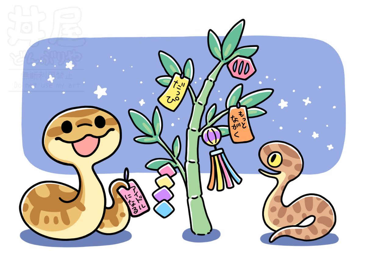 donburi_kurage's tweet photo. 今日は七夕🎋
ボールパイソンとタマゴヘビも短冊に願い事を書いて飾り付け🐍🐍
みなさんの願いも叶いますように✨
#丼屋わ～るど
#爬虫類 #ヘビ
#七夕 #七夕イラスト https://t.co/MuMf1MquD8