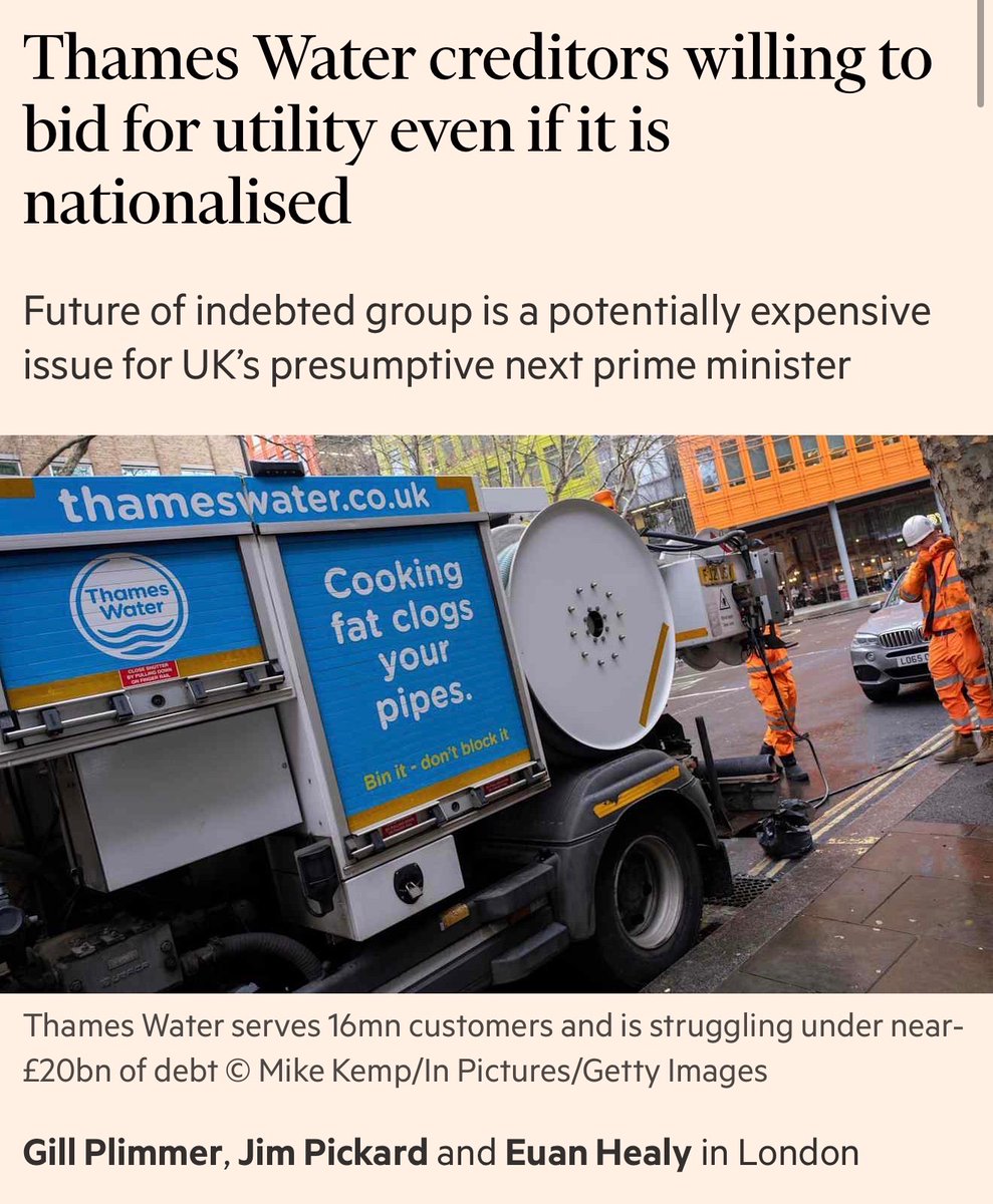 labourlewis's tweet photo. Does anyone really think the vulture funds whose greed built Thames Water’s £20bn debt shocker are the answer?

Their ransom for a “rescue”: write off £9.4bn of debt in exchange for leniency on future pollution fines.

Might as well put the sugar industry in charge of tooth decay

Public ownership. It’s the only serious option left.
