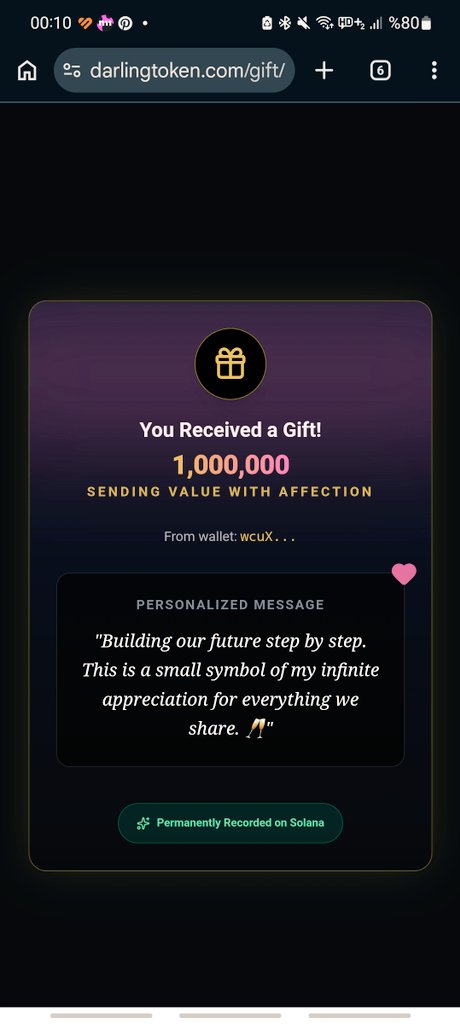 drgtoken's tweet photo. Step 3: The Eternal Unveiling. 🥂🎁
Imagine opening a digital envelope to find $DRG and a permanent message dedicated just to you, forever recorded on Solana.
This is how we send value with affection. 💖
Experience it: https://t.co/j2Nr0CsHYG
#DarlingToken #Solana #GlobalLoveEconomy
