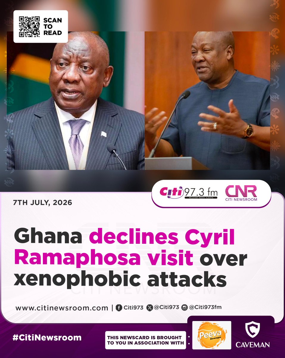 Citi973's tweet photo. Ghana has declined a planned August state visit by South African President Cyril Ramaphosa following the killing of Ghanaian national Bashiru Isak.

Read more ⬇️
https://t.co/oLDmoOOSRd

#CitiNewsroom #CitiFM #GhanaNews https://t.co/YDQbyUBtZa