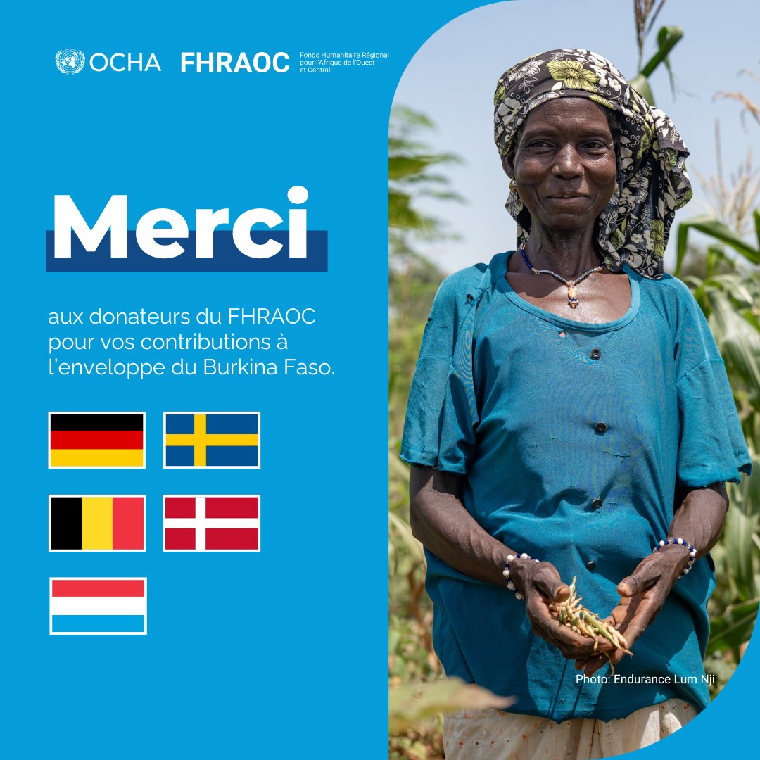 OCHABurkina's tweet photo. 🙏Merci à l’Allemagne 🇩🇪, à la Suède 🇸🇪, à la Belgique 🇧🇪, au Danemark 🇩🇰 et au Luxembourg 🇱🇺.

Grâce à vos contributions au FHROAC, 10 millions de dollars US sont alloués au #BurkinaFaso pour renforcer l’assistance aux communautés vulnérables.

#InvestInHumanity
#OCHAThanks https://t.co/kPQvn5s4gz