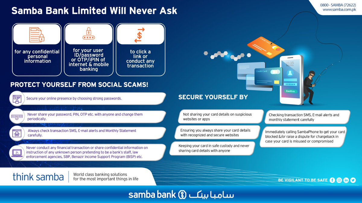 SambaPakistan's tweet photo. One mistake is all it takes.

Never share your passwords, OTPs, PINs, or confidential banking information. Stay vigilant. Stay secure. https://t.co/XPNH80n4h1