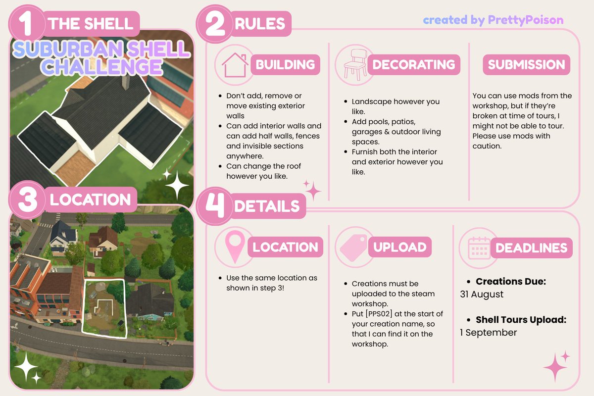 PrettyPoisonSim's tweet photo. 🏡 Two new #Paralives Shell Challenges are now live!  Remember to start your Workshop title with [PPS01] or [PPS02].  
Downloads:
🏡PPS01: https://t.co/dgKKYBnKFo 
🏡PPS02: https://t.co/Ub9geT46Rz 
#Paralives #BuildChallenge https://t.co/hJEikQrPOv