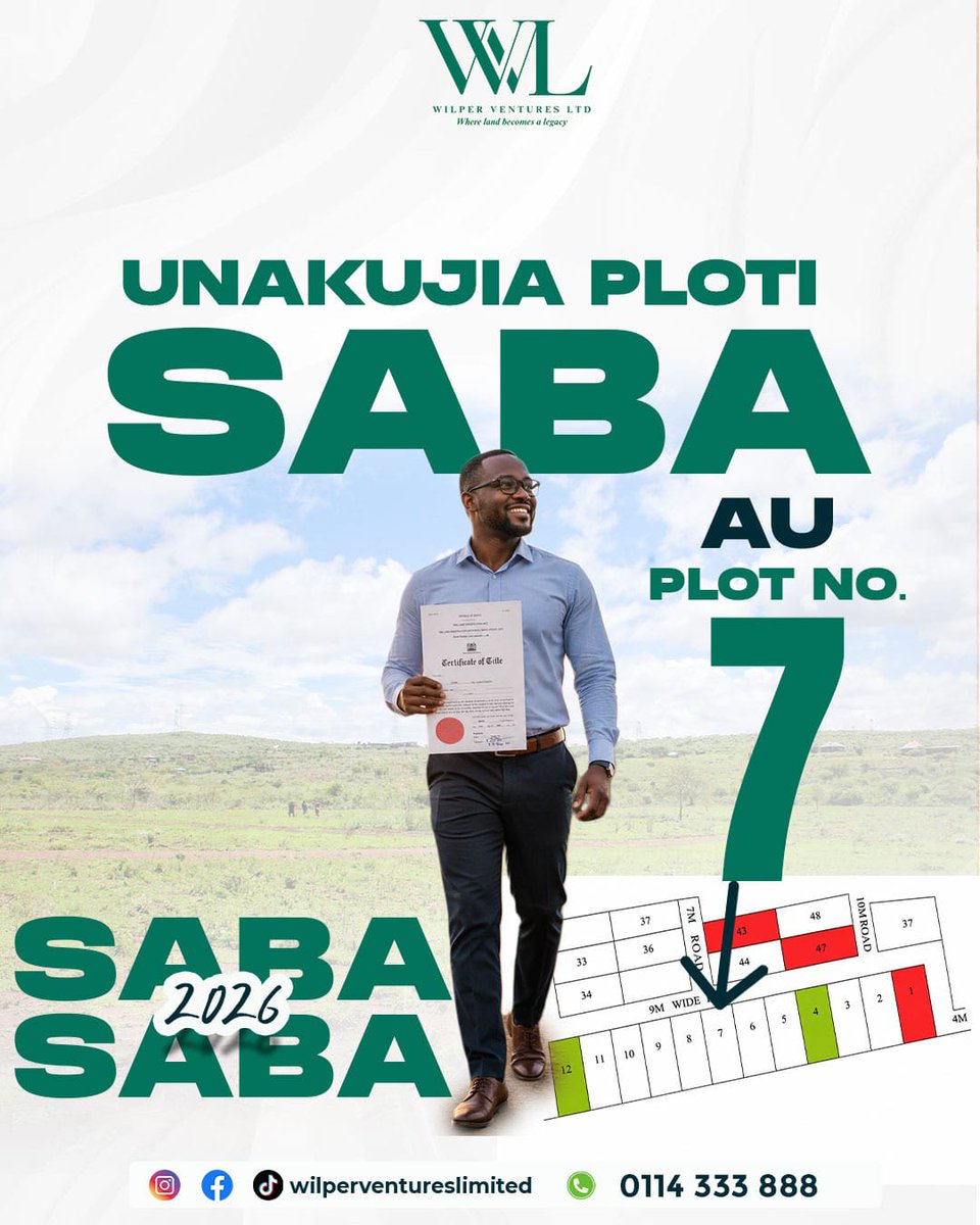 wilper_ventures's tweet photo. Saba Saba ni leo!

Don't spend today scrolling; spend it securing your future.
Unakujia Ploti Saba au Plot No. 7? 😉

Your next investment starts with one site visit.
Contact us now on 0114 333 888!
#sabasaba https://t.co/rI291nnkZw