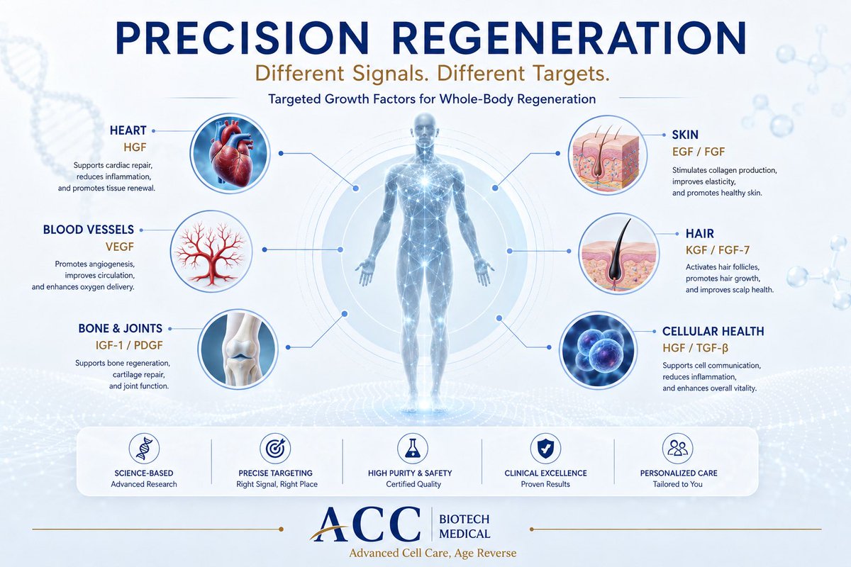 ACC_BioMedical's tweet photo. The future of regenerative medicine isn’t “more.”
It’s precision.
Different tissues require different biological signals.
Precision regeneration supports the body’s natural repair process.
#RegenerativeMedicine #Longevity #GrowthFactors
 #ACC高濃縮ヒト幹細胞培養上清液 https://t.co/bzjAAxgVxl