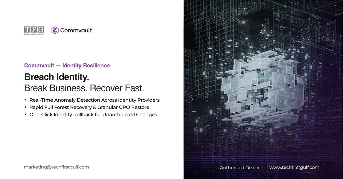 tech_fz's tweet photo. Identity attacks can take down your whole business. @Commvault Identity Resilience detects threats in real time, rolls back unauthorized changes, and recovers AD, Entra ID & Okta fast.
π© marketing@techfirstgulf.com
#Commvault #CyberSecurity #TechFirstGulf https://t.co/b7pHhYzKLA