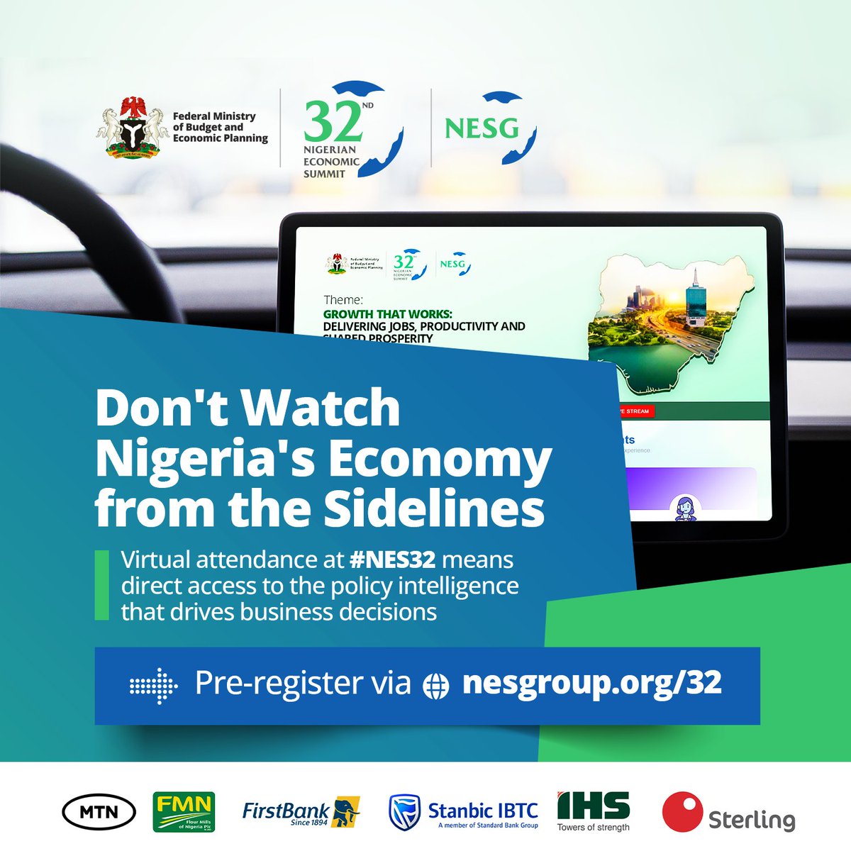 officialNESG's tweet photo. Nigeria's economic future won't be shaped by spectators—it will be shaped by those in the conversation.

Join the 32nd Nigerian Economic Summit (#NES32) virtually and access the policy intelligence, expert perspectives, and strategic conversations influencing jobs, productivity, and shared prosperity.

Theme - Growth That Works: Delivering Jobs, Productivity, and Shared Prosperity.

🗓️ October 26–27, 2026

🌐 Pre-register: https://t.co/eZAiWWfjMv

#NES32 #GrowthThatWorks #NigerianEconomicSummit