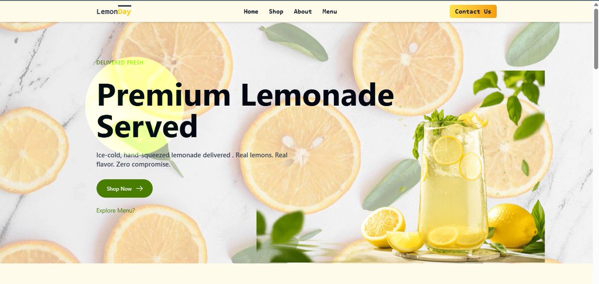 Vicruro's tweet photo. Learning React: Week 19// Week 20  
Url:https://t.co/aKagF97p23

I made a 3-page website for a Lemonade brand (Lemonday), utilising Tailwind React Components and Framer Motion. The page includes the Home page, Menu page and (Shop, About, and Contact) on one page. #React https://t.co/gcjvuMa0wl