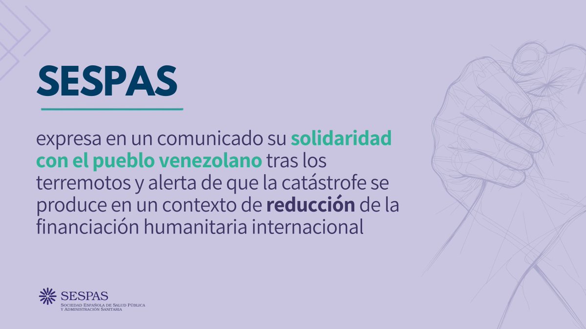 sespas's tweet photo. 🌍 La emergencia sanitaria provocada por los terremotos en Venezuela llega en uno de los momentos más críticos para la ayuda humanitaria internacional.

👉SESPAS expresa en un comunicado su solidaridad con el pueblo venezolano tras los terremotos y alerta de que la catástrofe se produce en un contexto de reducción de la financiación humanitaria internacional.

🔴En 2025 la financiación humanitaria se situó aproximadamente un 40% por debajo de los niveles de 2022, pese al aumento de las necesidades derivadas de conflictos, desastres y crisis humanitarias

💪SESPAS reclama una financiación humanitaria suficiente, estable, previsible e independiente, así como mayor protección para quienes prestan ayuda en contextos cada vez más inseguros

Lee el comunicado completo aquí 🔗 https://t.co/7vLjtFD2LR