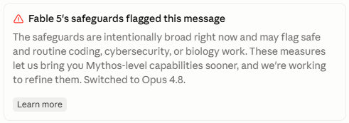 komickaze's tweet photo. Hey, @AnthropicAI, Fable is NOT the most capable model when it won't even do simple tasks without freaking out. Your cybersecurity and coding safeguards are too strict. It keeps kicking back to Opus 4.8 when working a local WordPress site.
#Fable5 #claudeAI https://t.co/kJSpgmAx8q