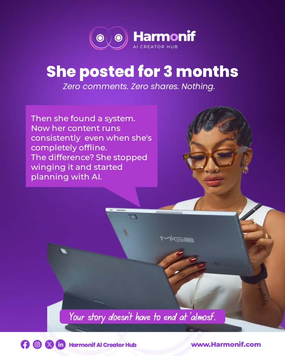 HarmonifAIHub's tweet photo. She posted for 3 months. Zero comments. Zero shares. Nothing.

Then she found a system — and everything changed. 💜

The difference? She stopped winging it and started planning with Harmonif AI.

Your story doesn't have to end at 'almost. https://t.co/N7ngjI1zcf