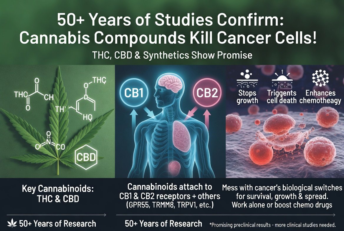 marclanders's tweet photo. 50+ years of studies just confirmed cannabis compounds (THC, CBD & synthetics) kill cancer cells!

The two most studied cannabinoids (THC and CBD) mostly work by attaching to the body’s built-in cannabinoid receptors (called CB1 and CB2), but they can also work through other receptors and channels (like GPR55, TRPM8, TRPV1, etc.).  

Cannabinoids can fight cancer on their own or make regular chemotherapy drugs work better. 

They do this by plugging into different receptors in the body and messing with the biological “switches” that cancer uses to grow, spread, and survive.
https://t.co/wnVHXHUs4P