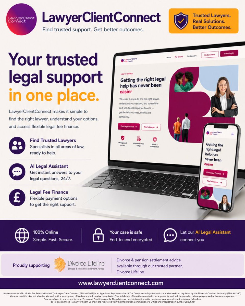 LawyerclientLCC's tweet photo. Finding trusted legal support has never been easier. Find the right lawyer, get instant answers from our AI Legal Assistant, and access flexible legal fee finance—all in one place.

🌐 https://t.co/Yhn91WVq1V

#LegalTech #FindALawyer #LegalSupport #LegalFeeFinance https://t.co/9AGB7KVjP0