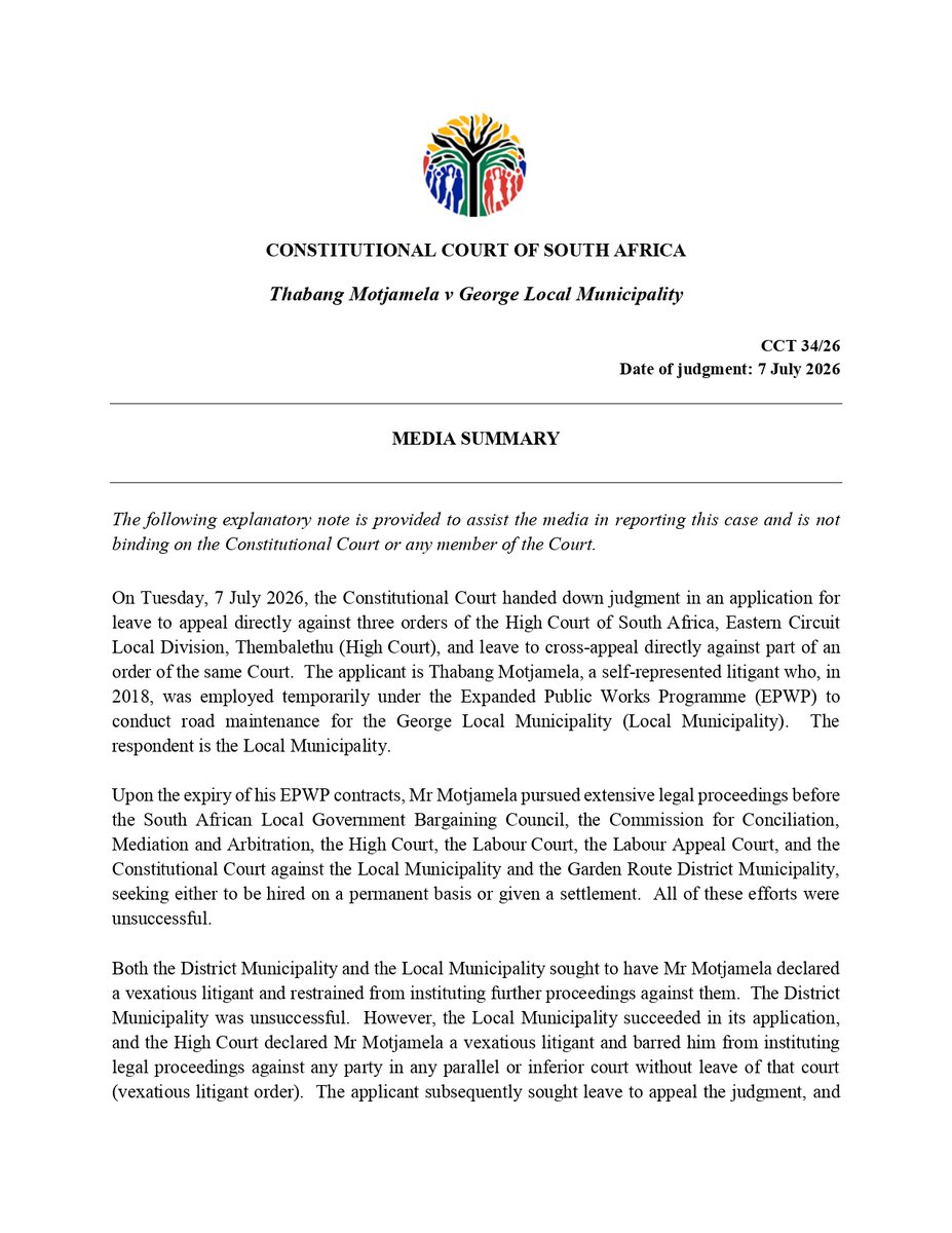ConCourtSA's tweet photo. (4/4) CCT 34/26 Motjamela v George Local Municipality https://t.co/daAoWZeTGR