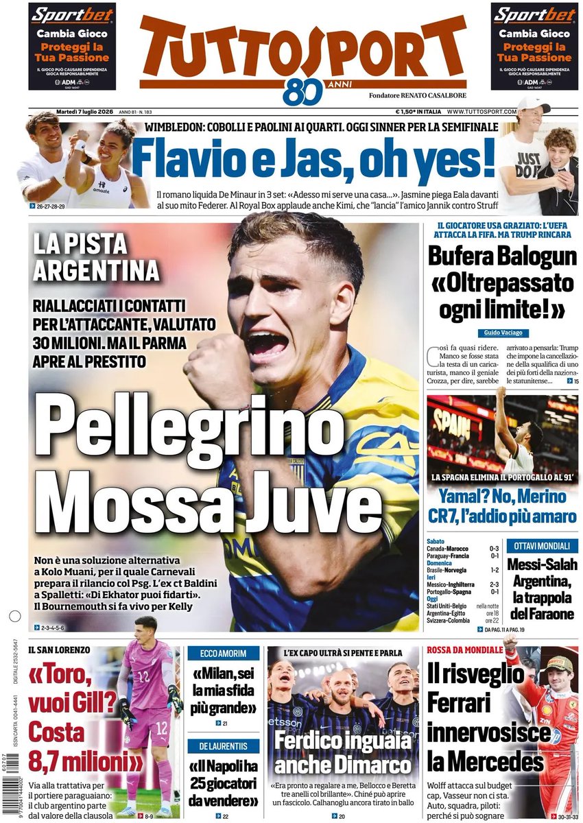 juventusfans's tweet photo. 7 Luglio 2026 - Prima pagina #TuttoSport https://t.co/mpGNL8lXVo