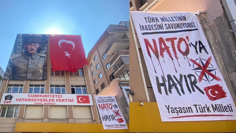 veryansintvcom's tweet photo. 📍Cumhuriyetçi Vatanseverler Partisi'nin (CVP) dış cephesine, Ankara’da yapılacak NATO Zirvesi öncesinde “NATO’ya Hayır” yazılı pankart asıldı. 

CVP'den açıklama:

"NATO güzergâhındaki Parti Genel Merkezimize pankartımızı, Gazi Mustafa Kemal Atatürk’ün portresini ve şanlı Türk bayrağımızı gururla astık.

Emperyalizmin savaş örgütü NATO’ya da Türkiye’yi kuşatmaya çalışan küresel planlarına da boyun eğmeyeceğiz. Cumhuriyet’i, tam bağımsızlığı ve Türk milletinin egemenliğini sonuna kadar savunacağız.

Türk milletinin iradesi adına eli kanlı NATO’ya sesleniyoruz:

Geldiğiniz gibi göndereceğiz! NATO’ya hayır!

Yaşasın tam bağımsız Türkiye!

Kahrolsun NATO, Yaşasın Türk milleti!"

https://t.co/CgR2dpwVzq