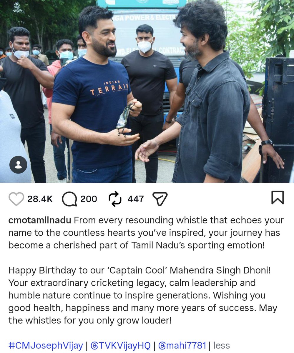 CricCrazyJohns's tweet photo. TAMIL NADU CM VIJAY's INSTAGRAM POST FOR MS DHONI 🐐 https://t.co/J4HuFXRPtd