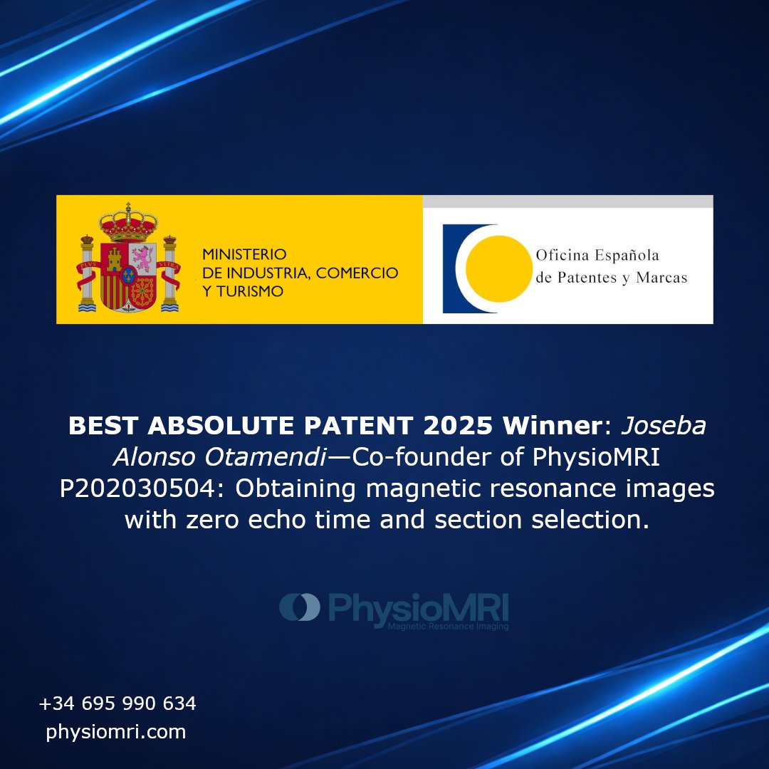 physiomri's tweet photo. In 2025, the Spanish Patent and Trademark Office named our co-founder Joseba Alonso’s patent the best of the year.
ODIN is already protected in the UK, China and the USA, with Canada and Australia next: Halbach magnet design, ZTE imaging and advanced oversampling. https://t.co/SY3kqcsIEn