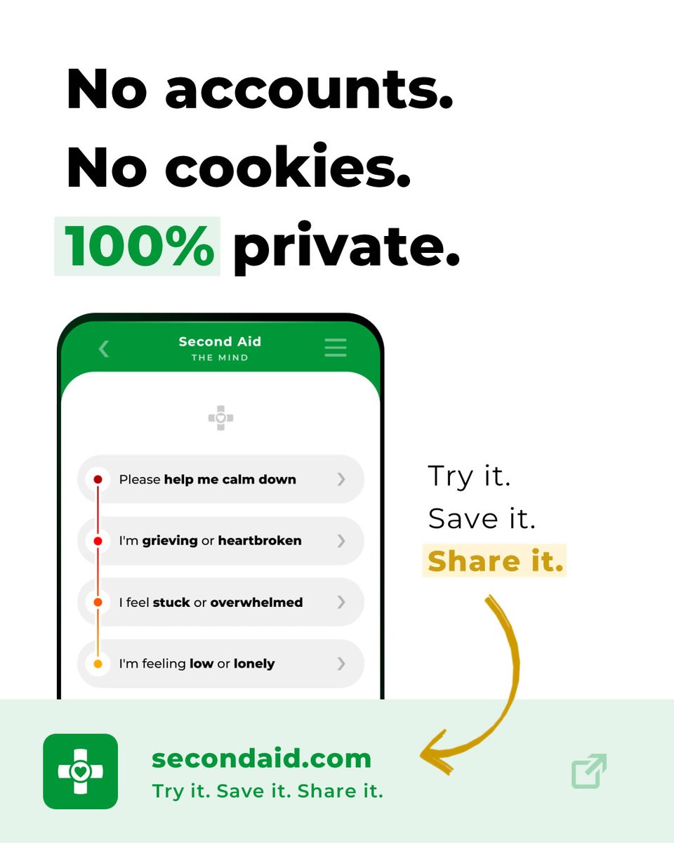 secondaidcom's tweet photo. Help us spread the word:

What First Aid is for Physical Health,
Second Aid is for Mental Health.

It's 100% free for personal use,
and always will be.

Try it. Save it. Share it.