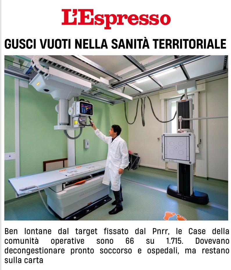 Cartabellotta's tweet photo. Al 31 dicembre 2025 le Case della Comunità con 11 servizi attivi e presenza di personale medico e infermieristico erano 66.
Mancano dati ufficiali aggiornati al 30 giugno 2026, ma due cose sono certe: il tempo è scaduto e il #PNRR non ha finanziato i miracoli
#SalviamoSSN
https://t.co/BGjvR8HNIo