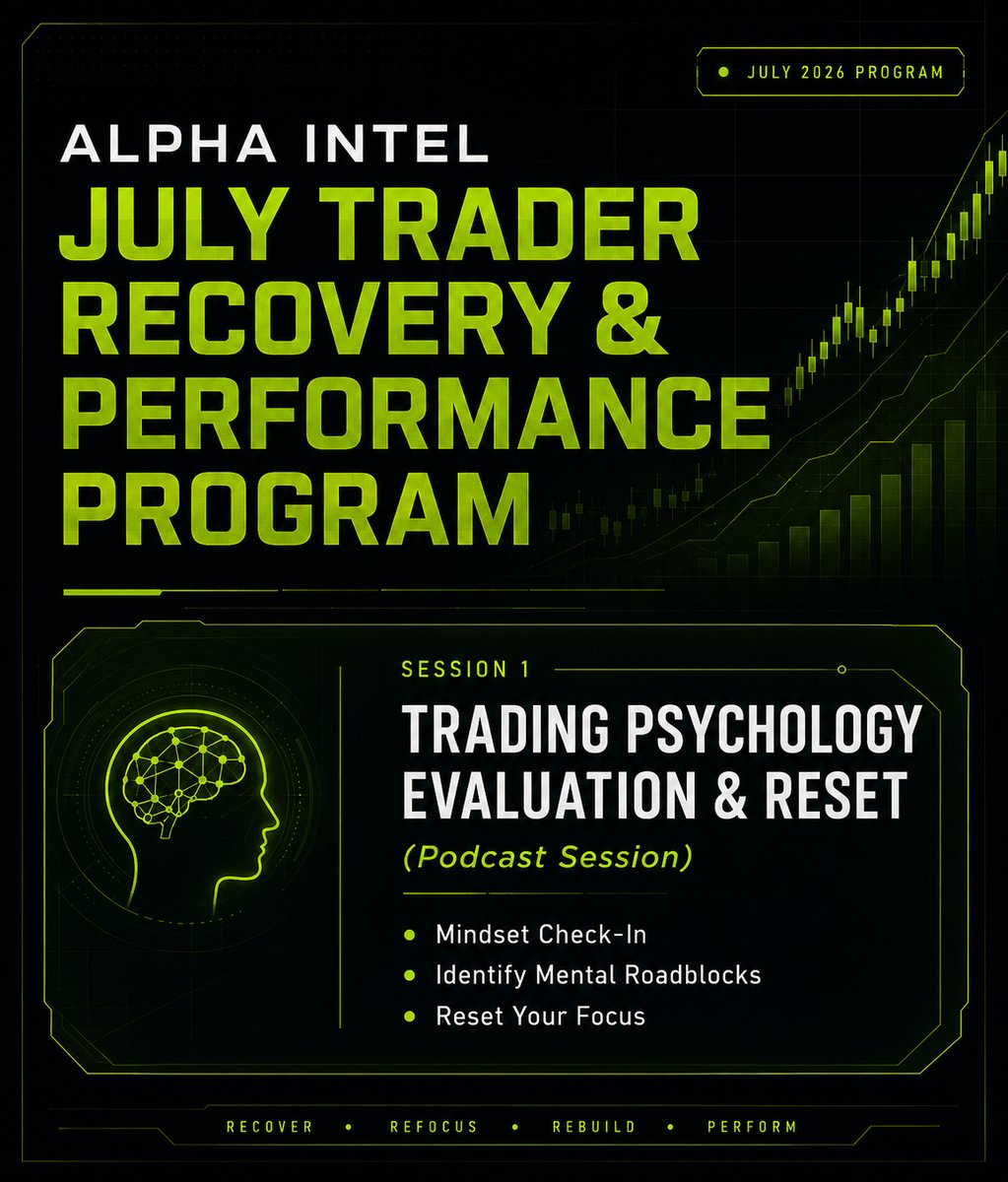 AlphaIntelMedia's tweet photo. Ready to reset your trading mindset?

Join us for Session 1 of the Alpha Intel July Trader Recovery & Performance Program as we dive into the psychology behind successful trading.

🎙️ Trading Psychology Evaluation & Reset (Podcast Session)

We'll cover:
• ✅ Mindset Check-In
• ✅ Identify Mental Roadblocks
• ✅ Reset Your Focus
Whether you're recovering from losses or looking to improve your trading discipline, this session is designed to help you rebuild with confidence.
🗓️ July 7, 2026
🕗 8:00 PM onwards
📍 Alpha Intel Discord
Recover. Refocus. Rebuild. Perform. 🚀