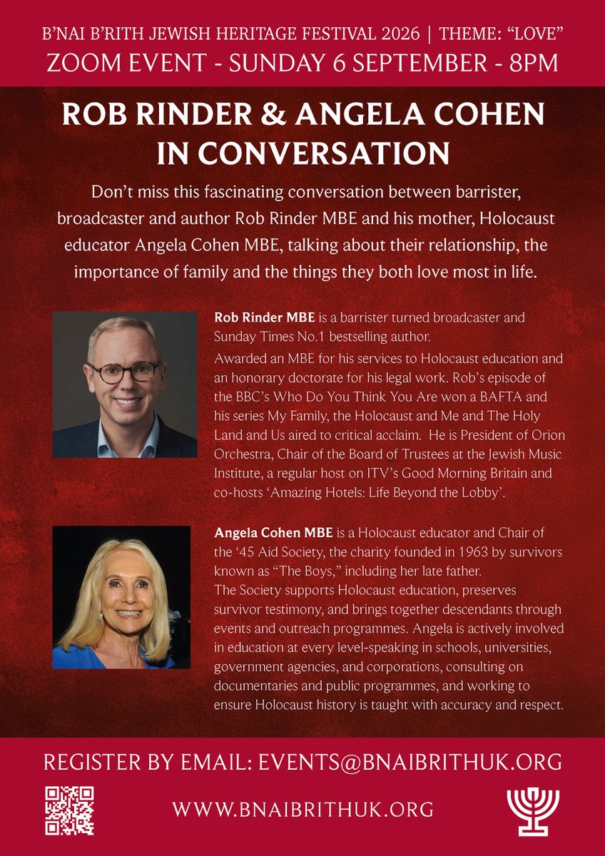 BnaiBrithUK's tweet photo. 1/3 We are thrilled to announce our flagship heritage zoom event as part of this year's European Days of #JewishCulture and #Heritage! This year the theme is '#Love' and we are delighted that #TVpersonality, #broadcaster and #author, #RobRinder MBE ... https://t.co/PrqyJO0Ar0