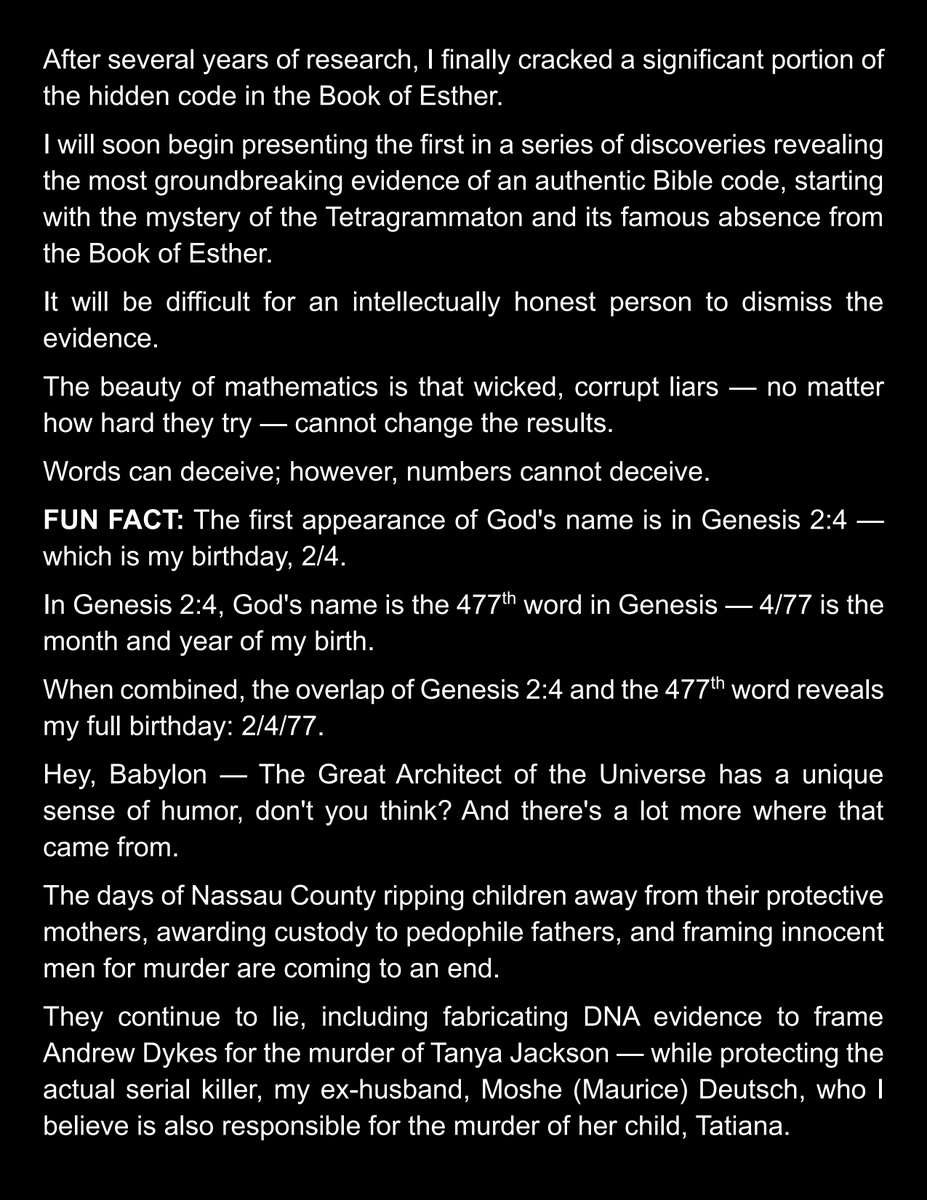 MurderNumber144's tweet photo. After several years of research, I finally cracked a significant portion of the hidden code in the Book of Esther. 👇

Justice IS coming.

#FreeAndrewDykes

#ArrestMosheDeutsch 

STAY TUNED. https://t.co/lSbUNcaAt4