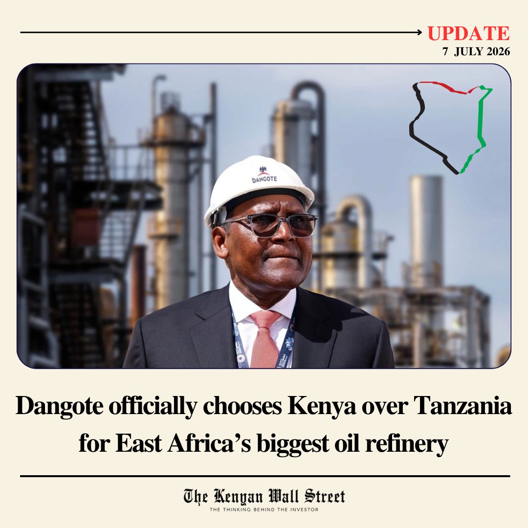 kenyanwalstreet's tweet photo. Aliko Dangote has announced that his proposed East African oil refinery will be built in Kenya rather than Tanzania, ending speculation over the location of one of the region's most ambitious energy projects.

The facility will have a processing capacity of 700,000 barrels of crude oil per day, making it the largest oil refinery in East Africa, and will supply refined petroleum products to Kenya and neighbouring countries to reduce regional dependence on imported fuels.

The announcement follows the commissioning of Dangote's 650,000-barrel-per-day Lagos refinery, the largest single-train refinery in the world. Further details on the Kenyan project's timeline, financing and exact location are expected as planning progresses.
