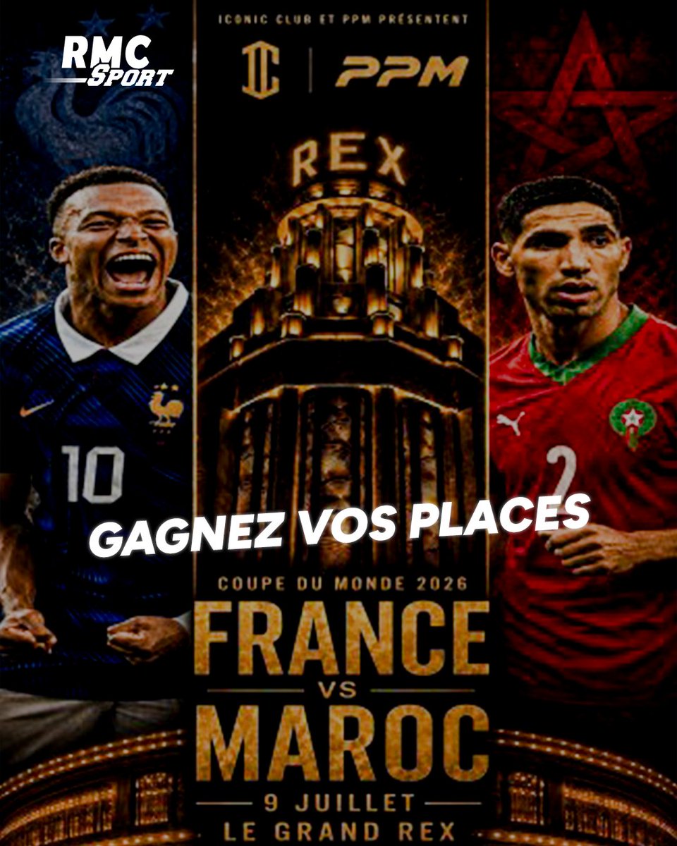 RMCsport's tweet photo. 🎁 JEU CONCOURS

🎟️ Tentez de remporter vos places pour assister au match France - Maroc, le jeudi 9 juillet a 22h au Grand Rex !

🍀 Pour participer, RT + Follow @RMCsport, et commente ton prono.

🇫🇷 Tous derrière nos Bleus ! https://t.co/t3A5NiYm2z