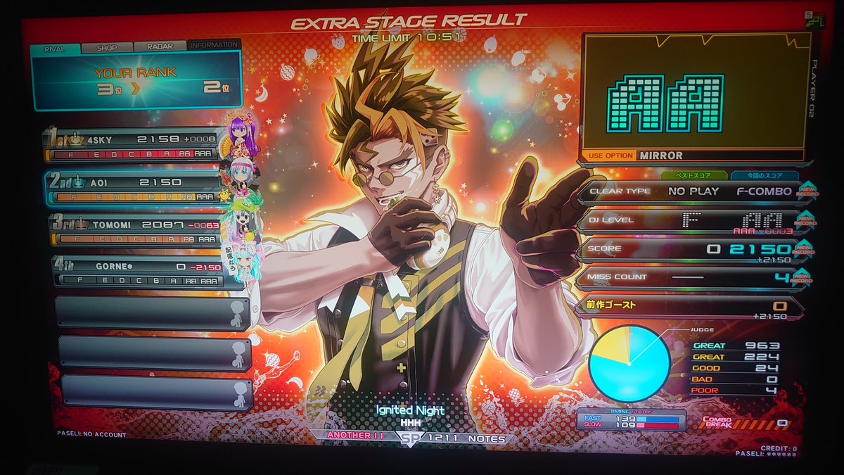 quick_414's tweet photo. 今日の弐寺
SPスコア伸ばし

Ignited Night解禁
リフレクやってる時に大変お世話になった曲、初見フルコンあざす！

後は
いつの間にか出てた曲
いつ解禁したか記憶ない曲
御経みたいな曲
計４曲☆11フルコン

おい、スコア伸ばしどこいった https://t.co/O3TsGK4mOY